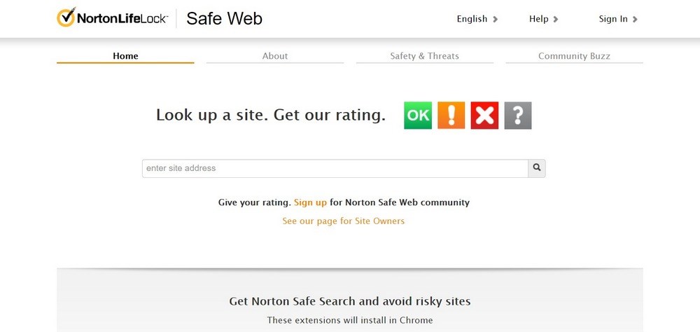 Norton Safe Web homepage