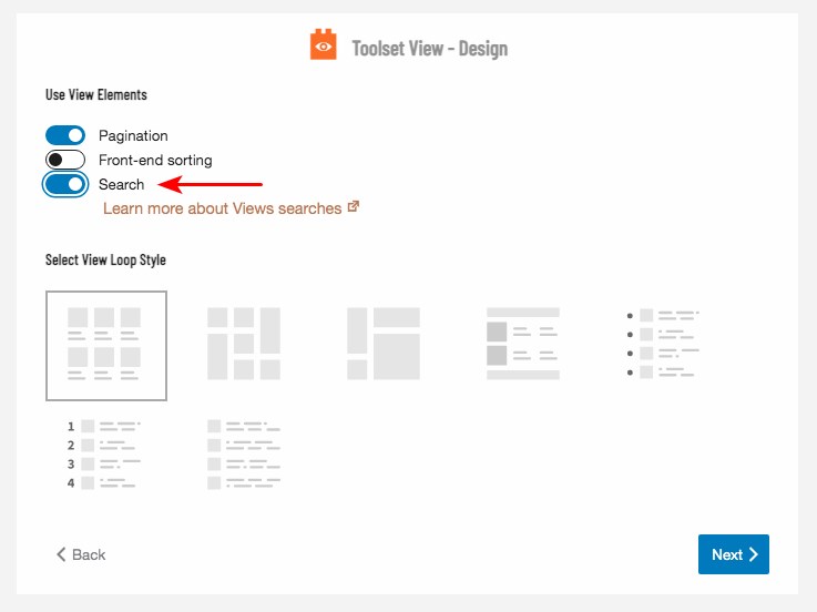 Toolset view design, select search