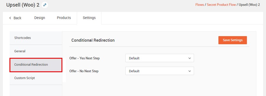 Upsell conditional redirection
