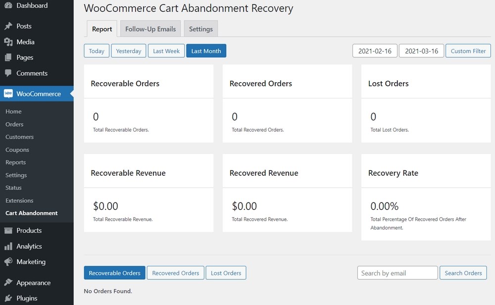 WooCommerce cart abandonment recovery dashboard