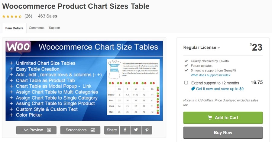 WooCommerce product chart sizes table plugin