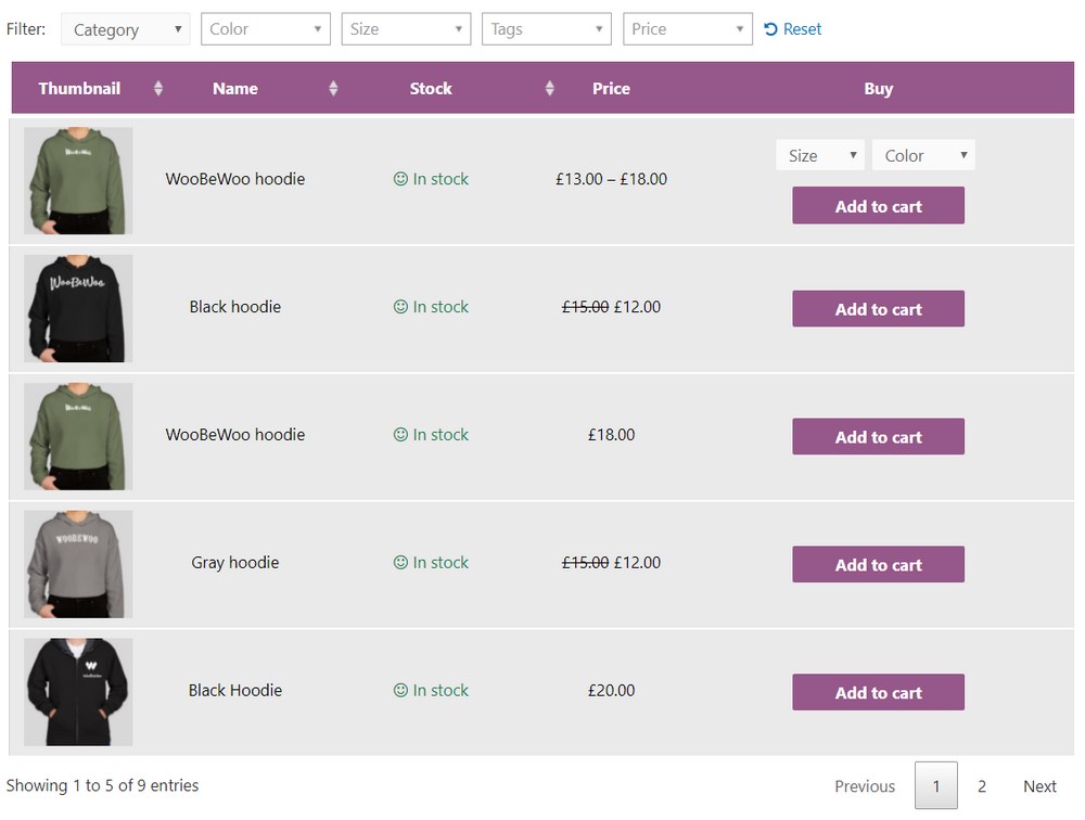 WooCommerce product table example