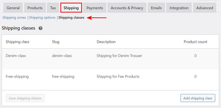 WooCommerce shipping classes