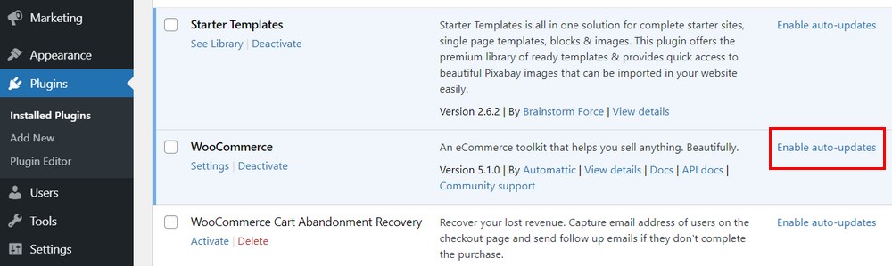 為您的WooCommerce插件設置自動更新非常容易。只需點擊“啟用自動更新”，就可以完成。