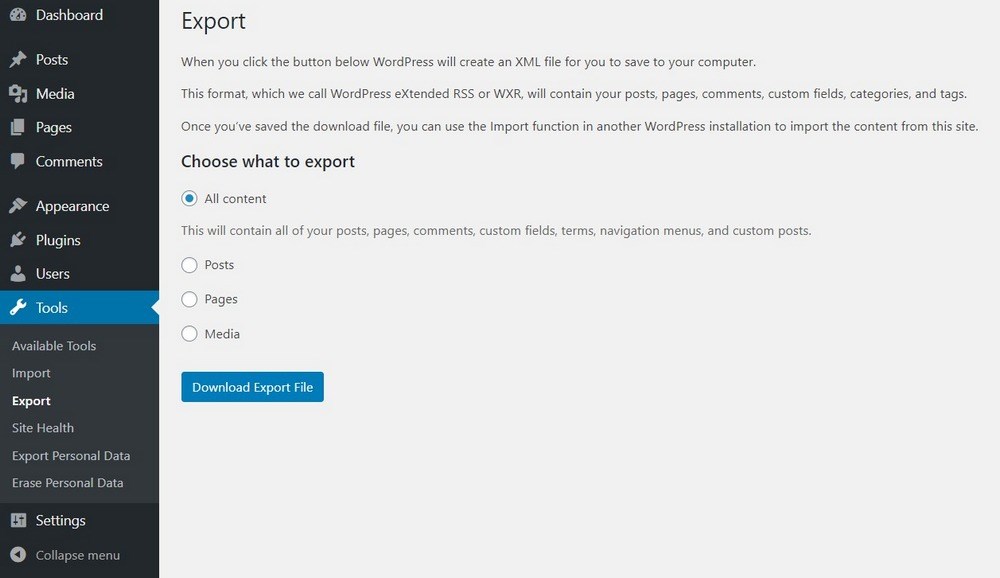 WordPress.org export settings