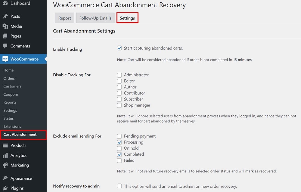 cart abandonment recovery plugin settings
