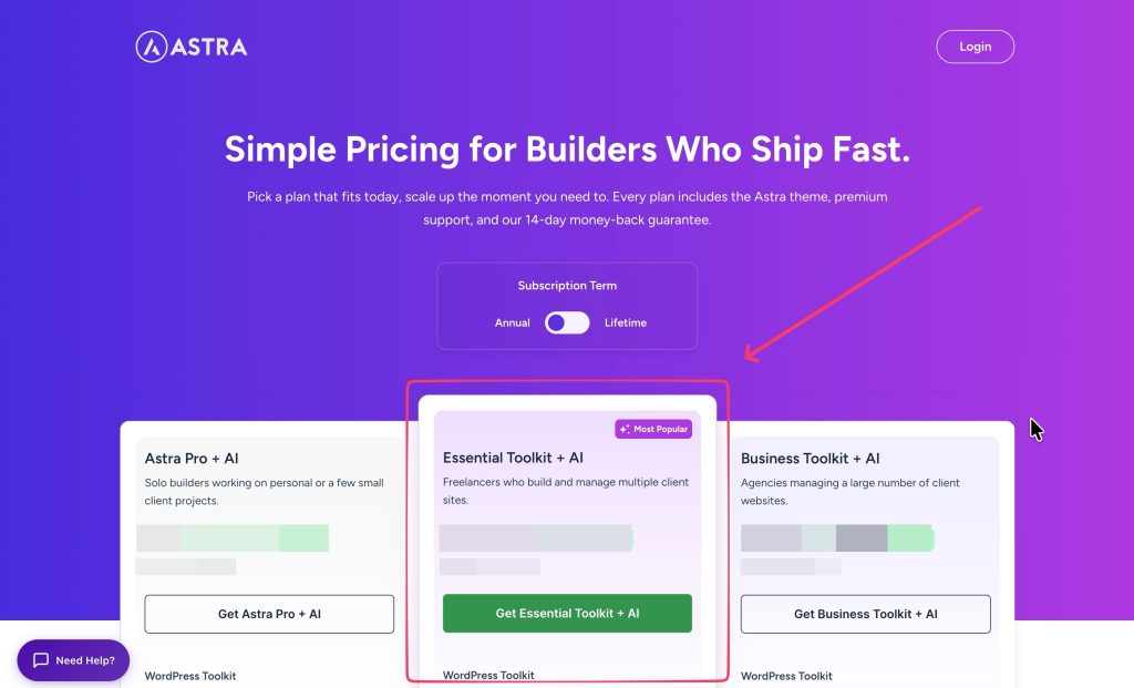 Getting Started With Essential Toolkit + AI pricing page