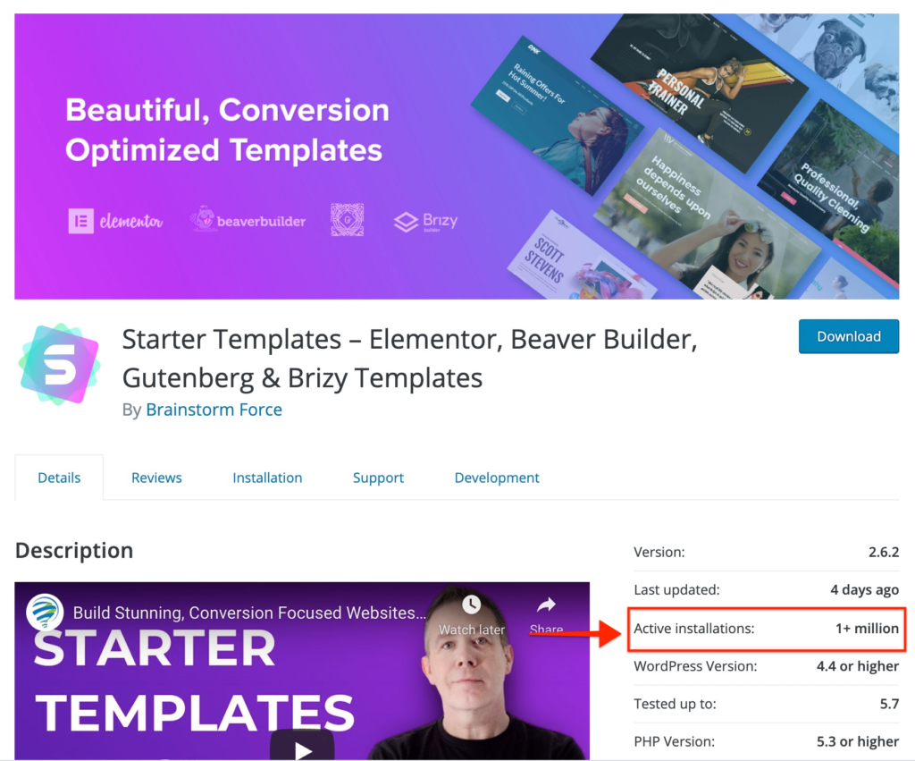 Starter Templates 1 Million Active Installas