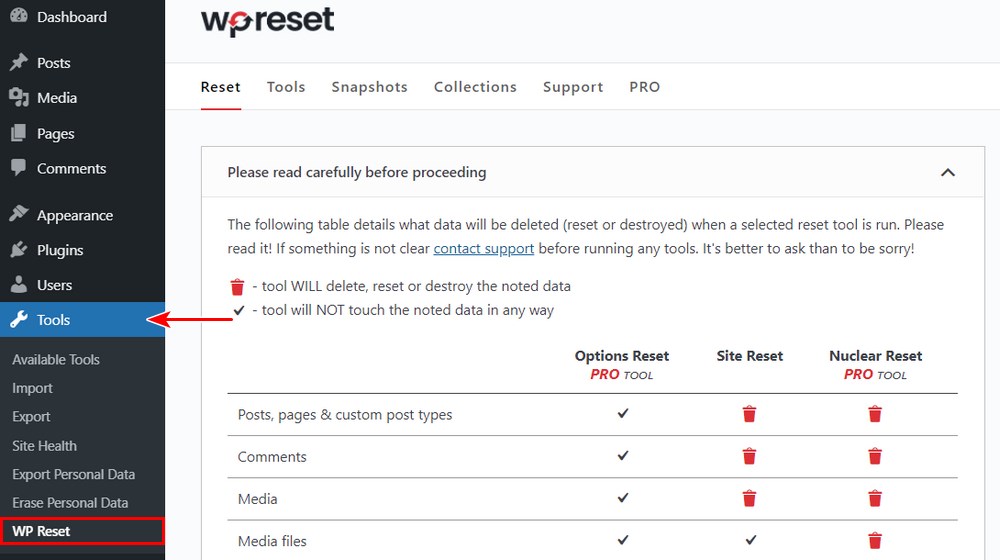 site owner clicking tools to WP Reset Access WP Reset