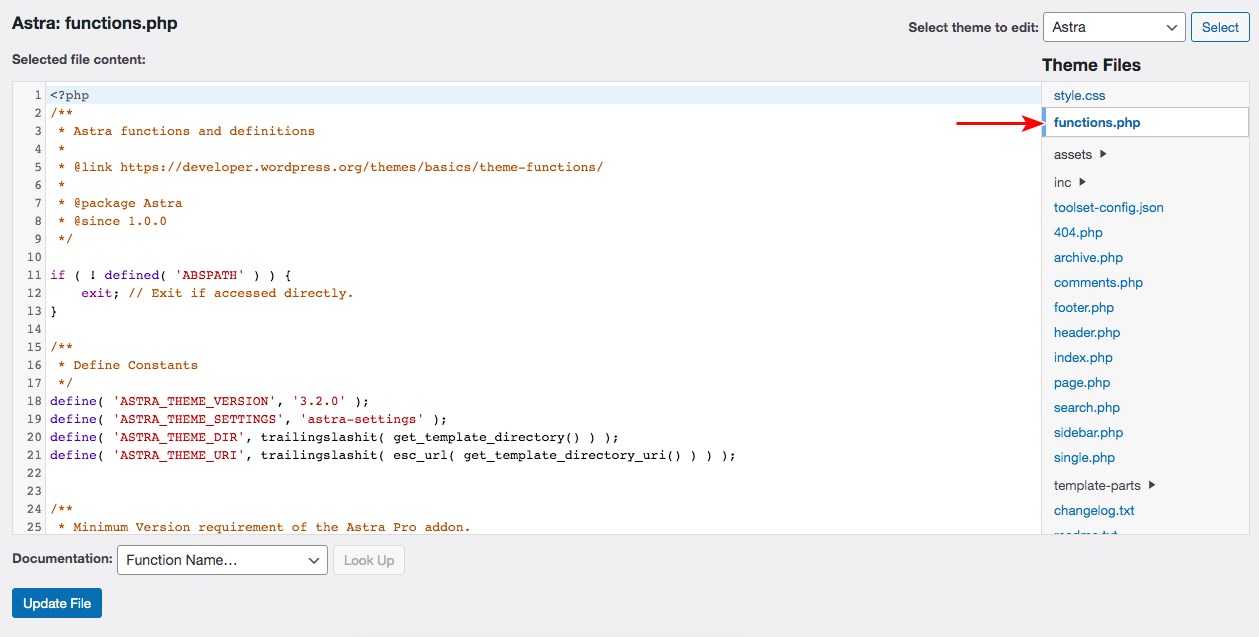 Edit function php file using theme editor