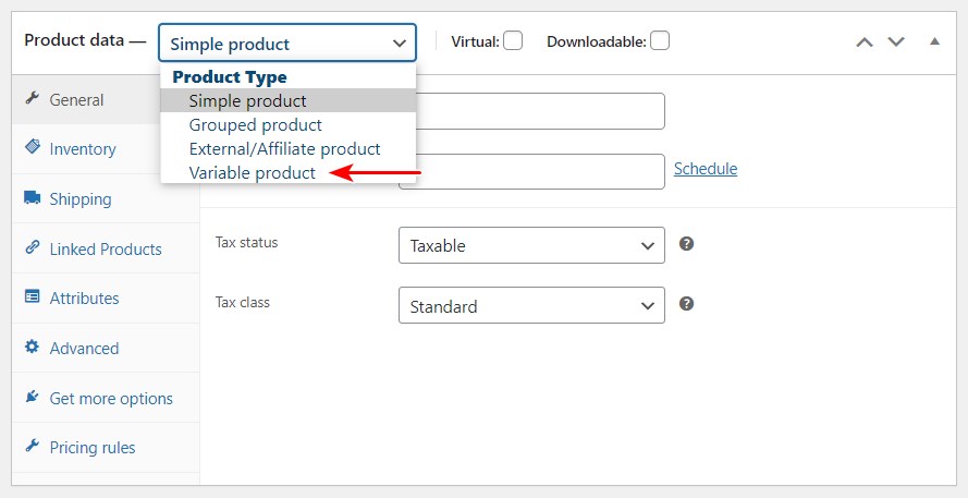 Set product data to variable product