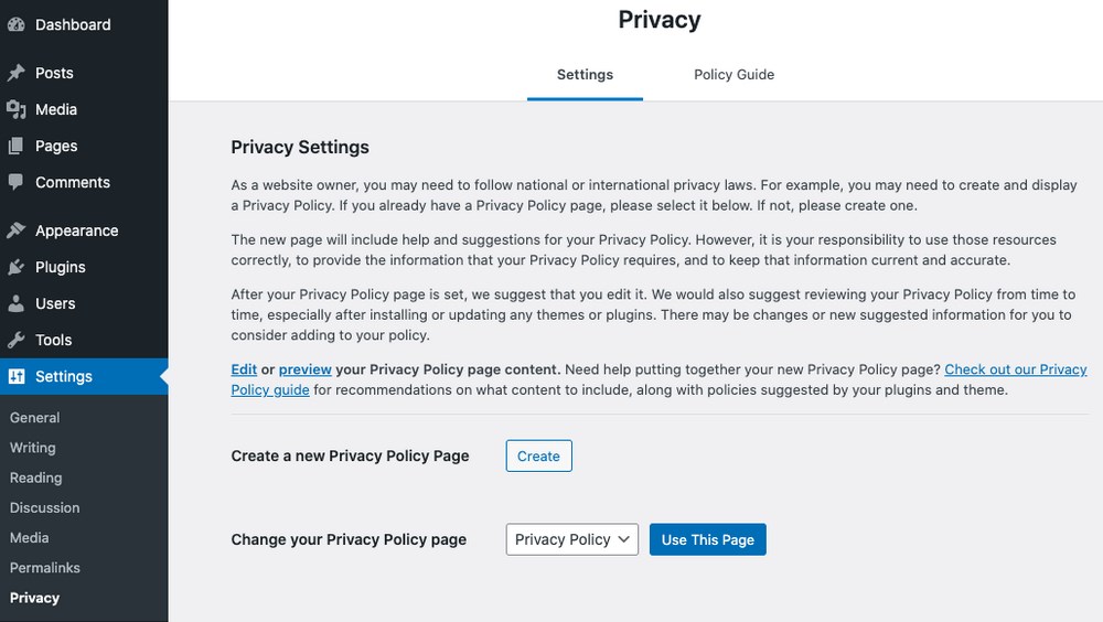 WordPress privacy policy page