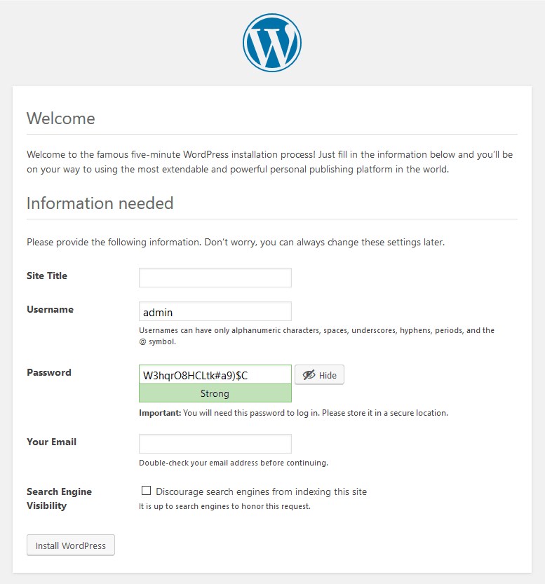WordPress setup form