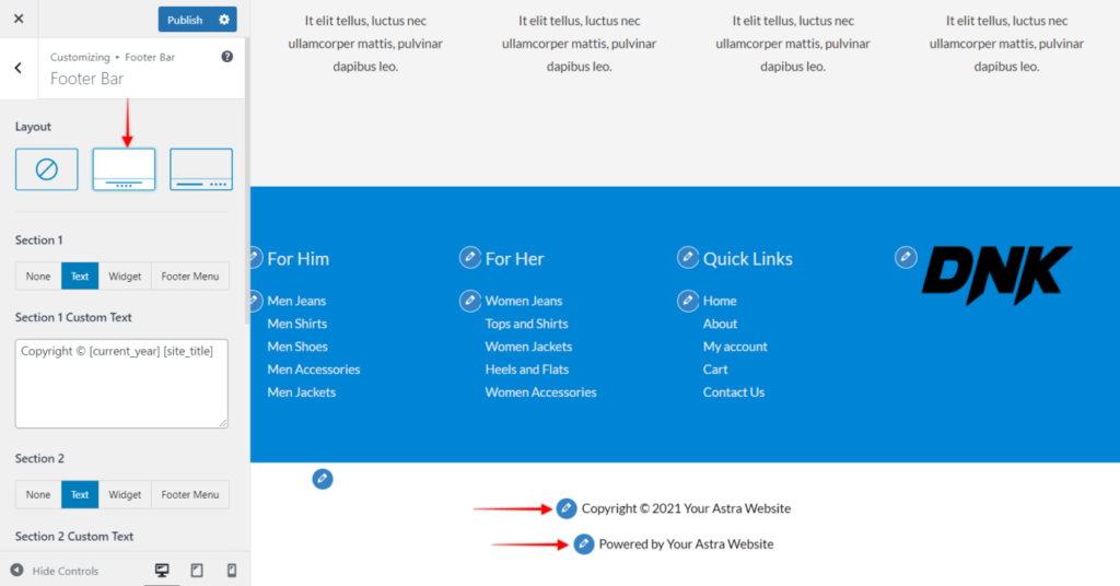 How to Manage the Footer Bar Layout and Width in Astra?