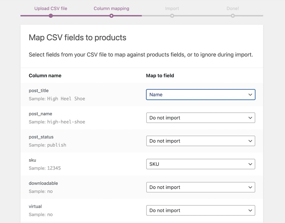 Map CSV fields to products