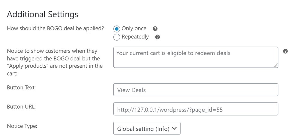 Advanced coupons additional settings