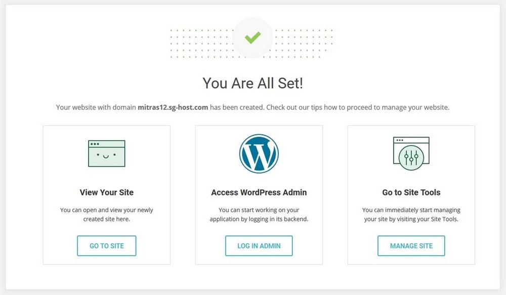 SiteGround WordPress installation complete message