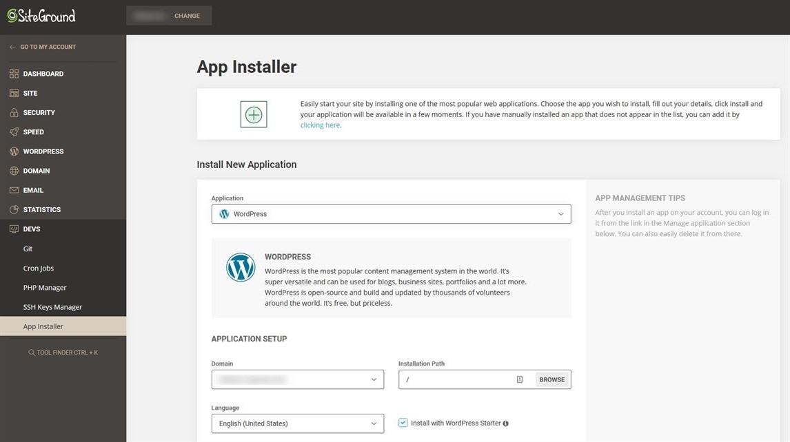 SiteGround WordPress installation through app installer