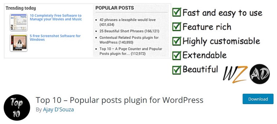 Top 10 Popular posts plugin for WordPress