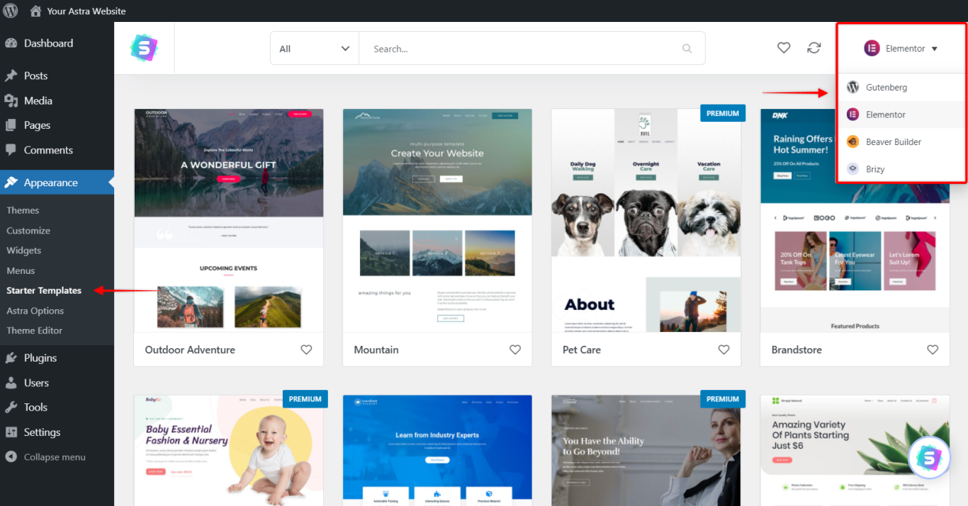 Starter Templates - Page Builder Filter