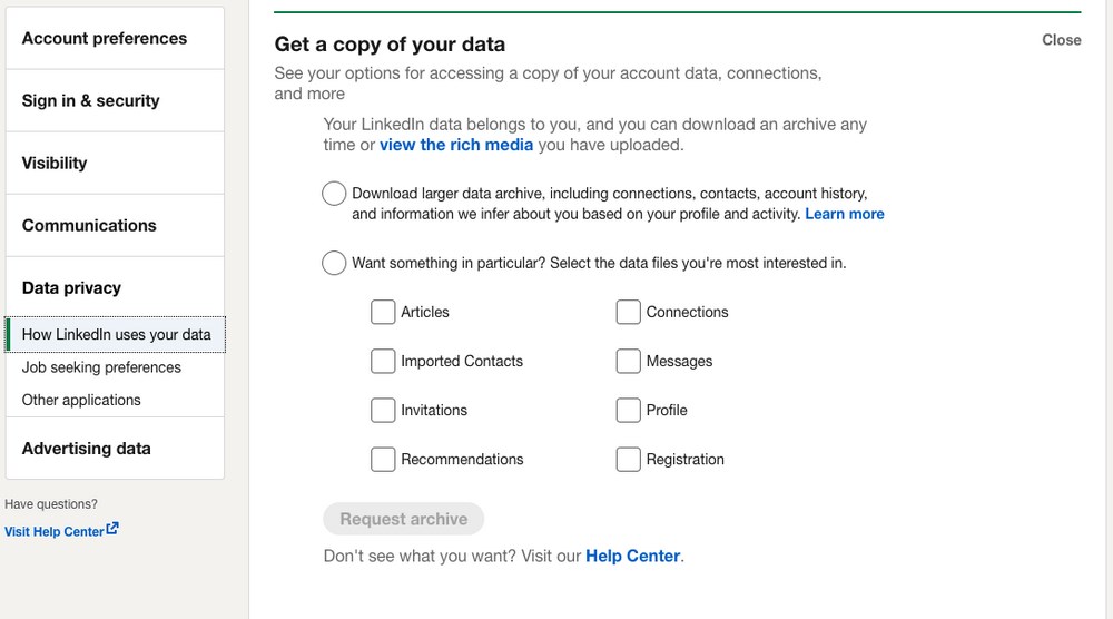 LinkedIn get copy of your data