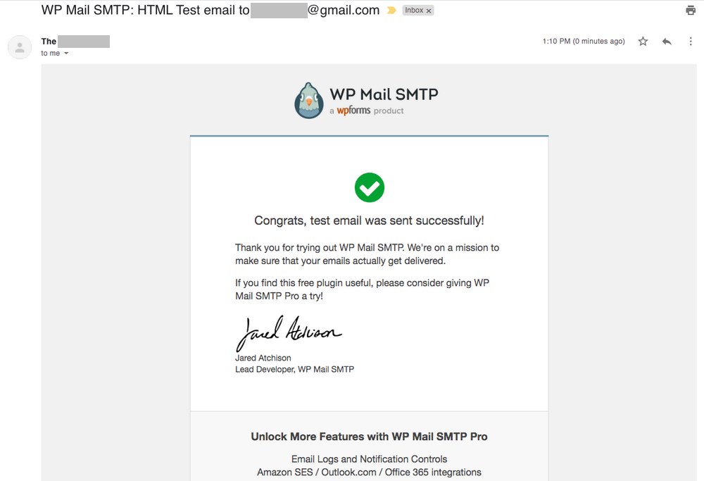 Test email send by WP mail SMTP