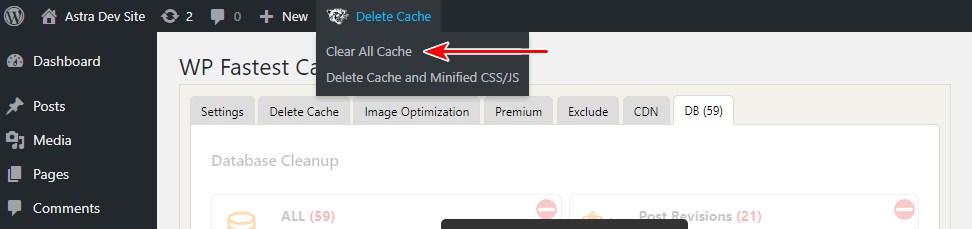 WP fastest cache clear all the cache
