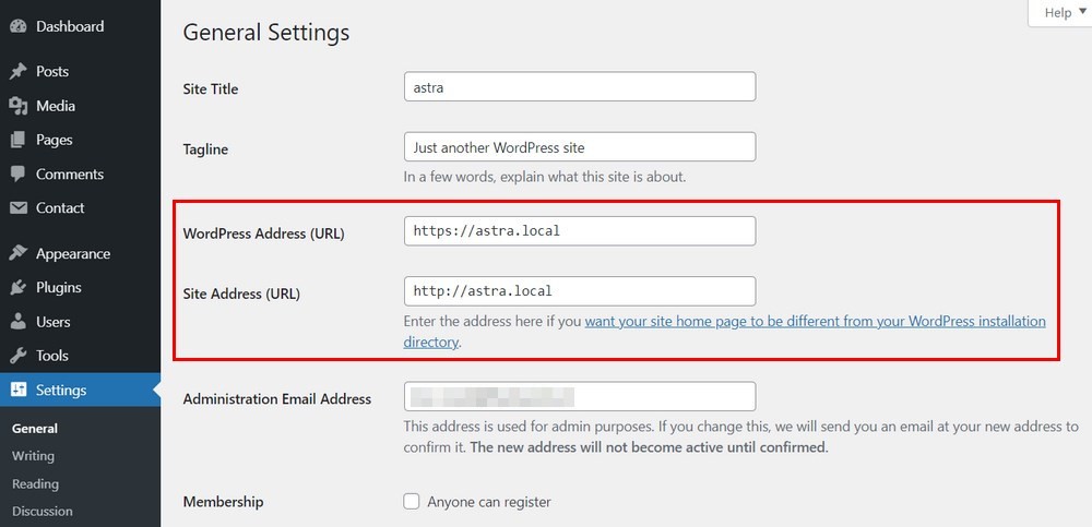 WordPress address setting
