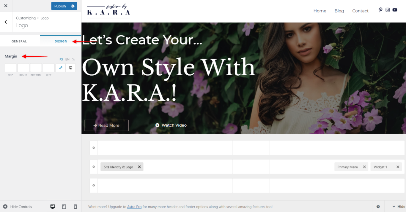 Astra Theme - Site Identity & Logo Widget, Design Tab