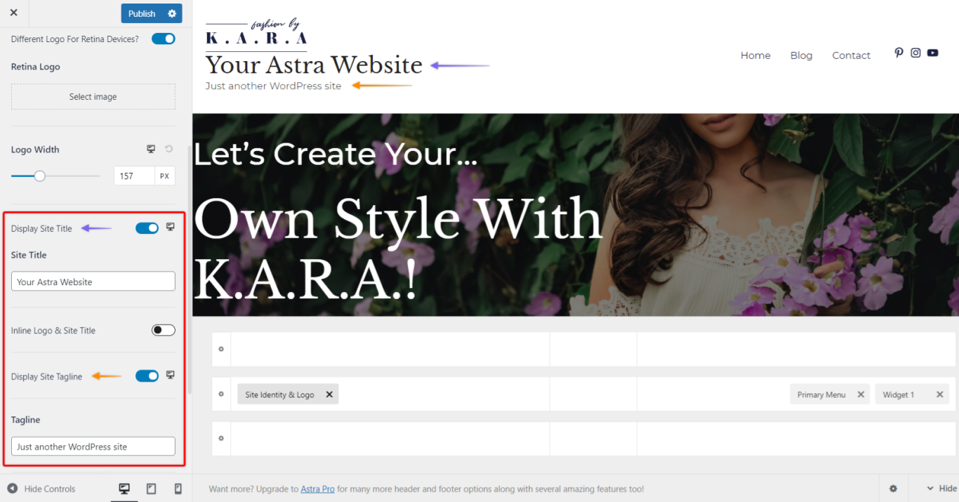 Astra Theme - Site Title and Tagline settings