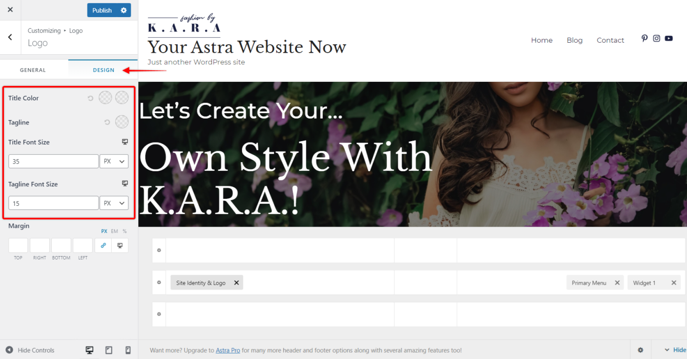 Astra Theme - Site Title and Tagline Design settings