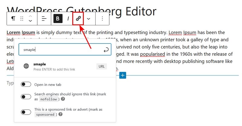 Adding link in Gutenberg