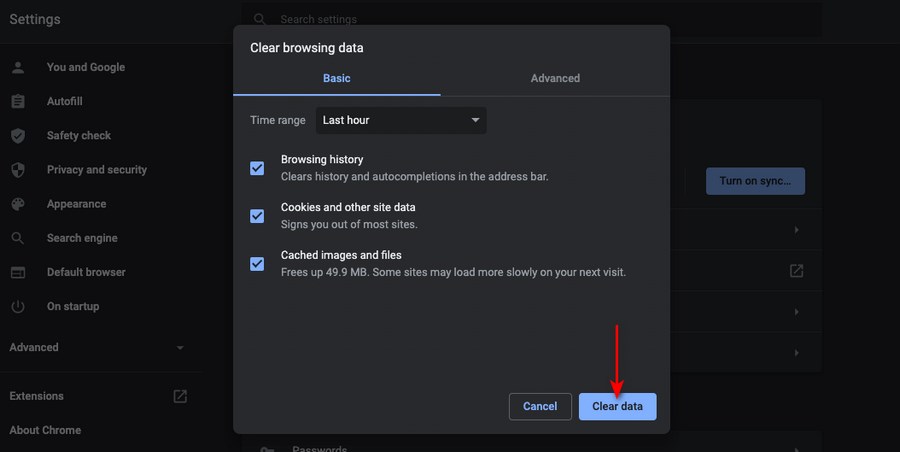 Chrome clear browsing data 2