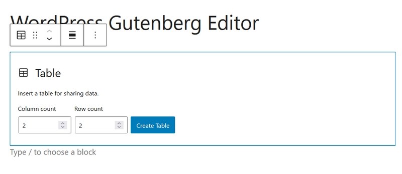 Create table in Gutenberg