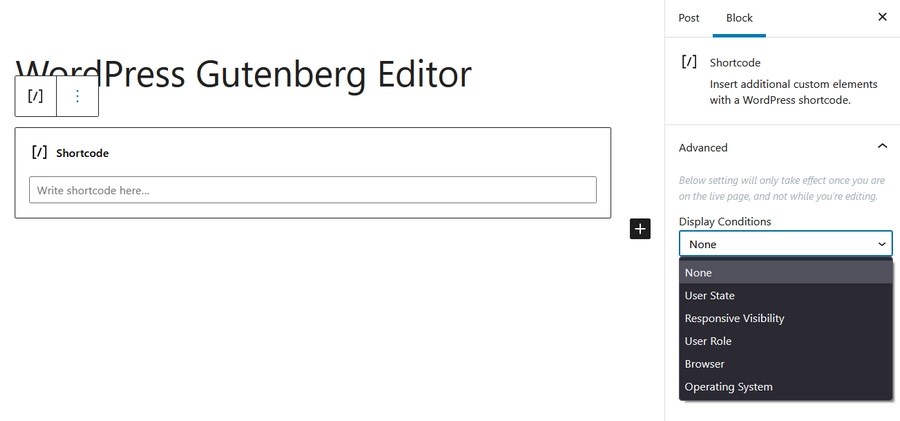 Gutenberg Shortcode block and settings