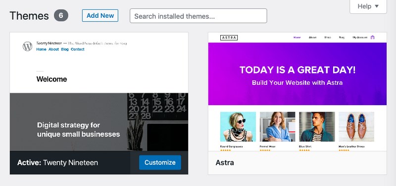 WordPress theme dashboard
