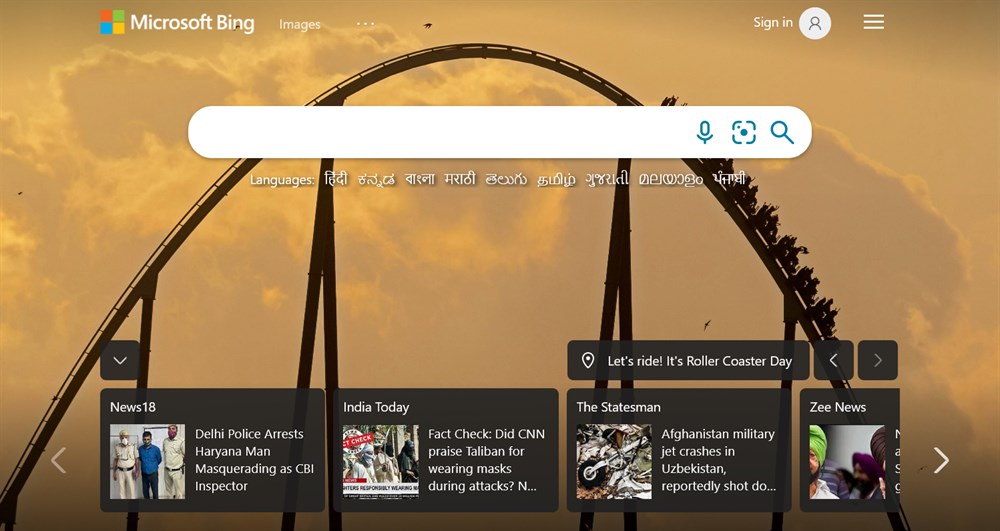 Bing search interface