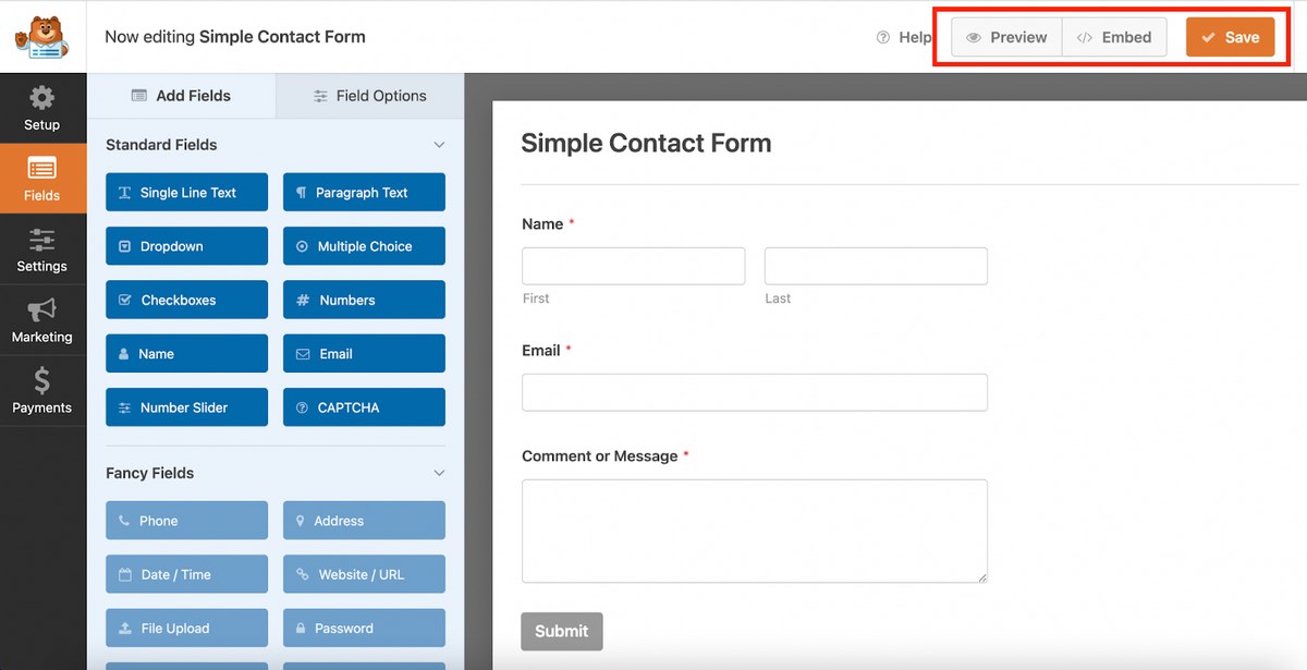 Create a simple contact form with WPForms