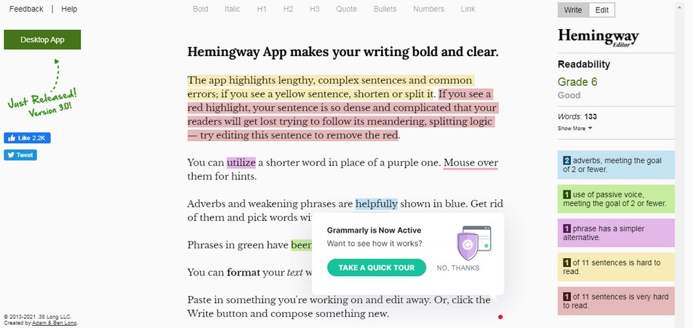 Hemingway Editor for grammar check