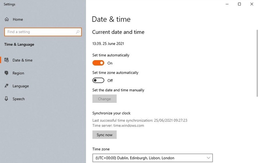Windows 10 Date and time settings