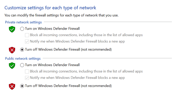 Windows firewall setting