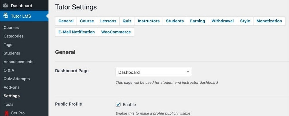 Tutor LMS settings