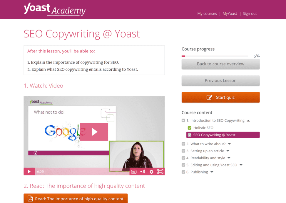 Example of Yoast Academy website