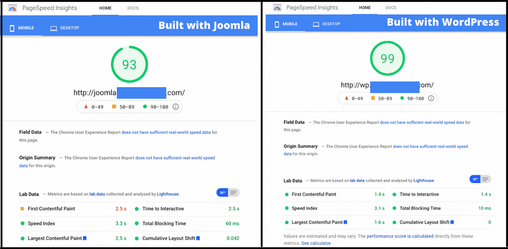 Joomla vs WordPress google pagespeed results