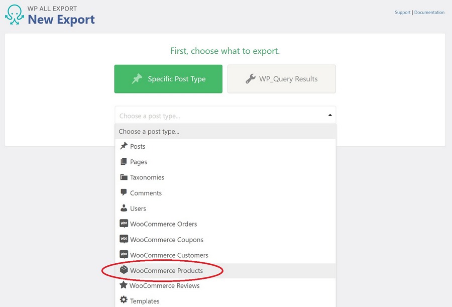 Choose WooCommerce products for export