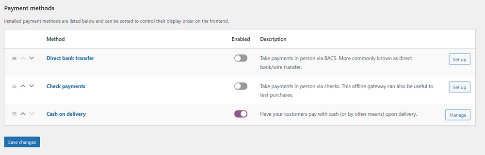 default WooCommerce payment methods