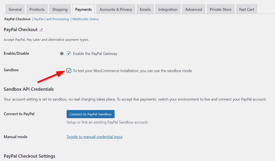 enable paypal sandbox test account in woocommerce
