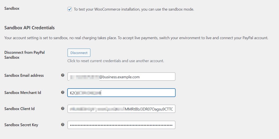 enter paypal sandbox account credentials in woocommerce