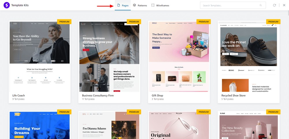 Go to Template Kits and visit Pages area
