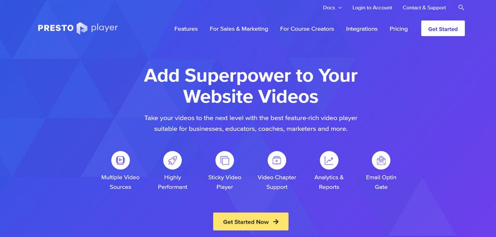Presto Player video plugin website Homepage